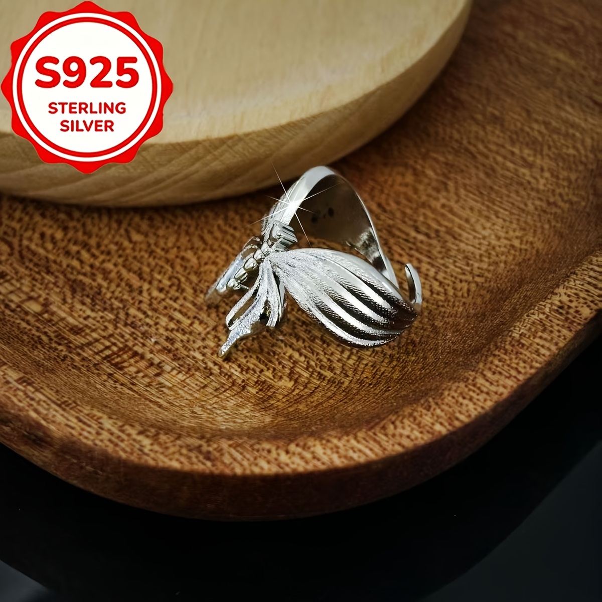 S925 Silver Vintage Brushed Butterfly Open Ring